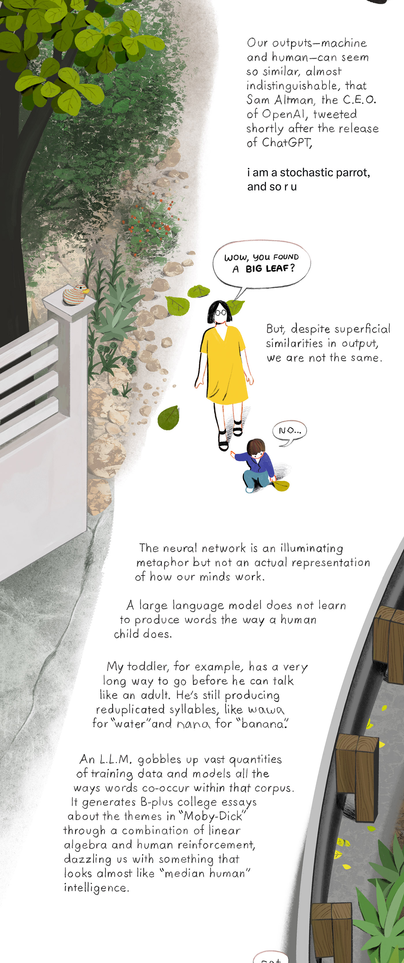 A child finds a leaf while walking on a path with their mother.